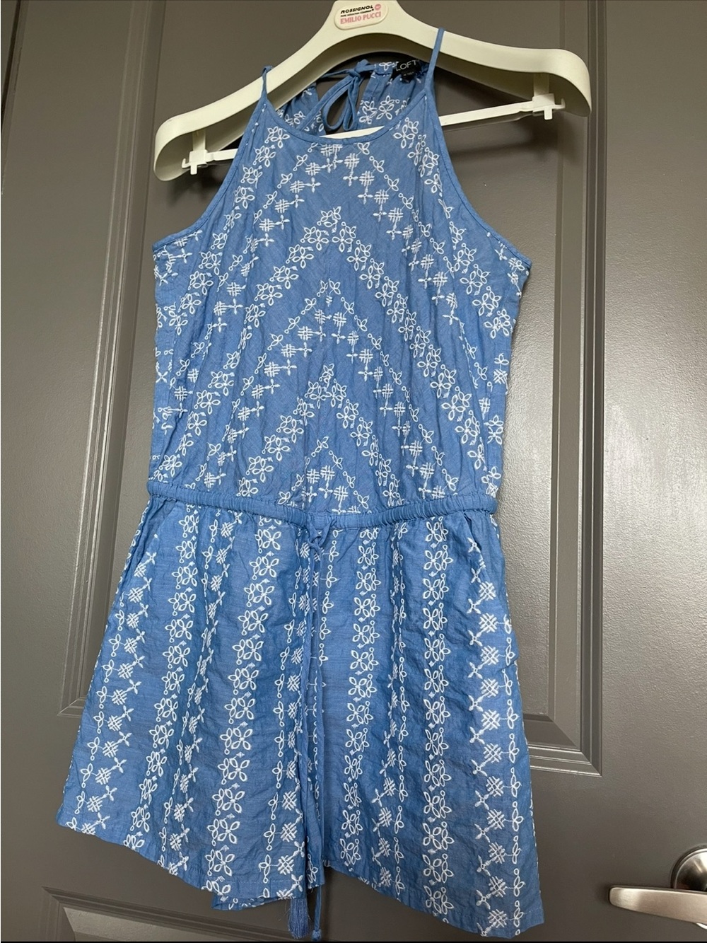 LOFT Blue Embroidered Halter Romper Shorts medium
